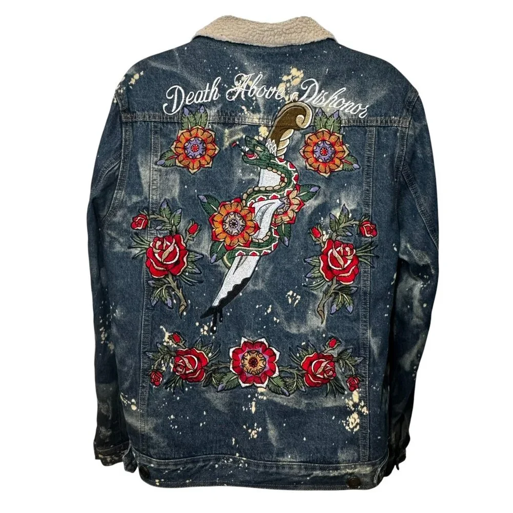 Reason Denim Sherpa Trucker Jacket Death Before Dishonor Embroidered Tattoo sz L
